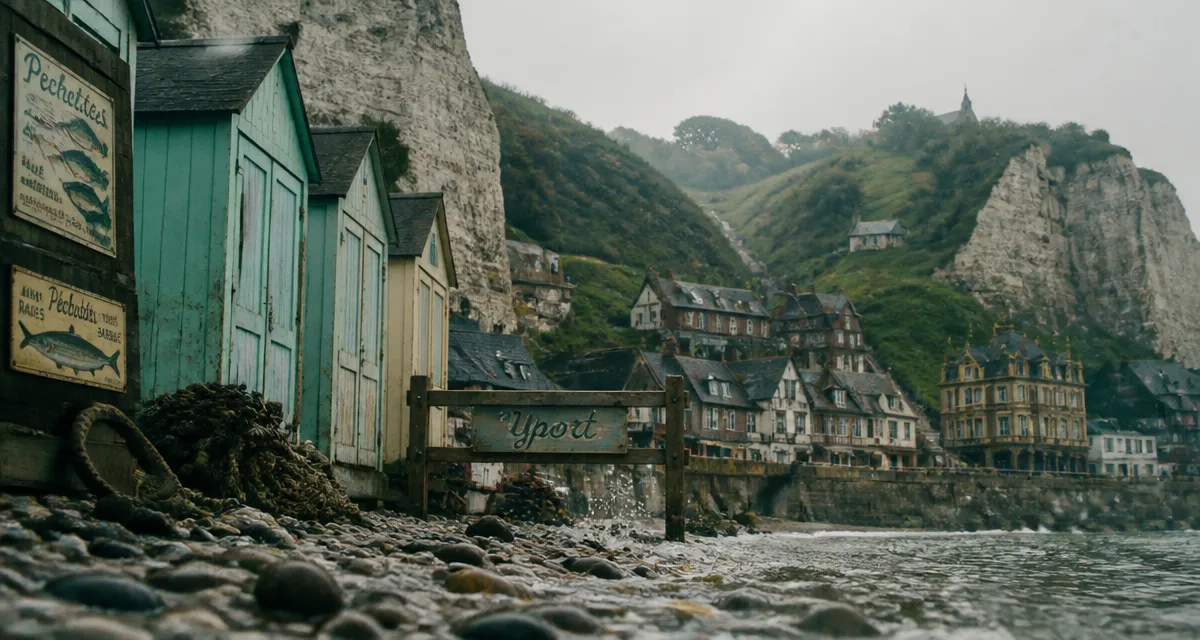 Beaux villages autour de Fécamp : Yport, cabines près des falaises