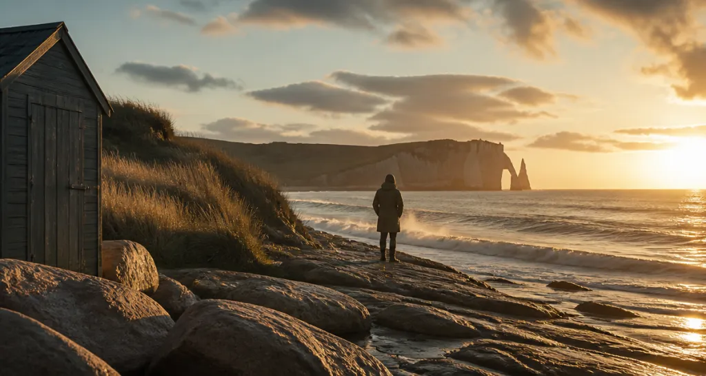 bretagne ou normandie plage falaises coucher soleil
