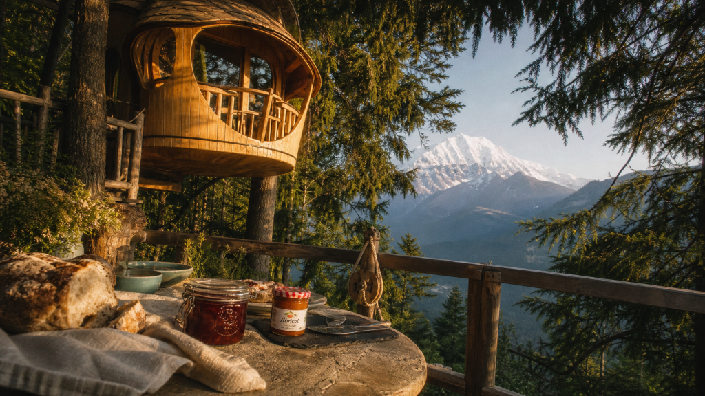Cabanes dans les arbres entre terre et ciel avec vue Mont-Blanc, terrasse bois et spa