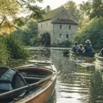 canoe epte : kayak sur l’eau calme, pagaies et gilet, Vexin au fond