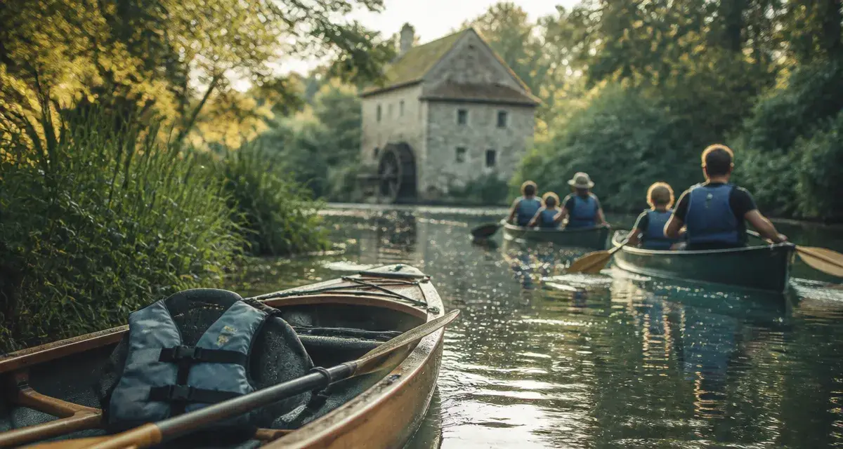 canoe epte : kayak sur l’eau calme, pagaies et gilet, Vexin au fond