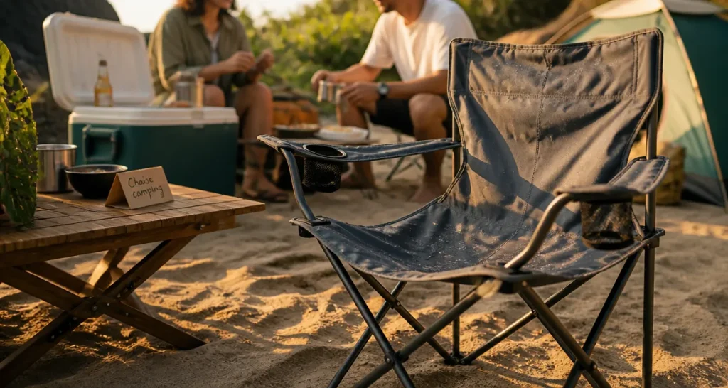 Chaise de camping Lidl pliable sur sable, tissu gris ardoise et porte-gobelet