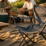 Chaise de camping Lidl pliable sur sable, tissu gris ardoise et porte-gobelet