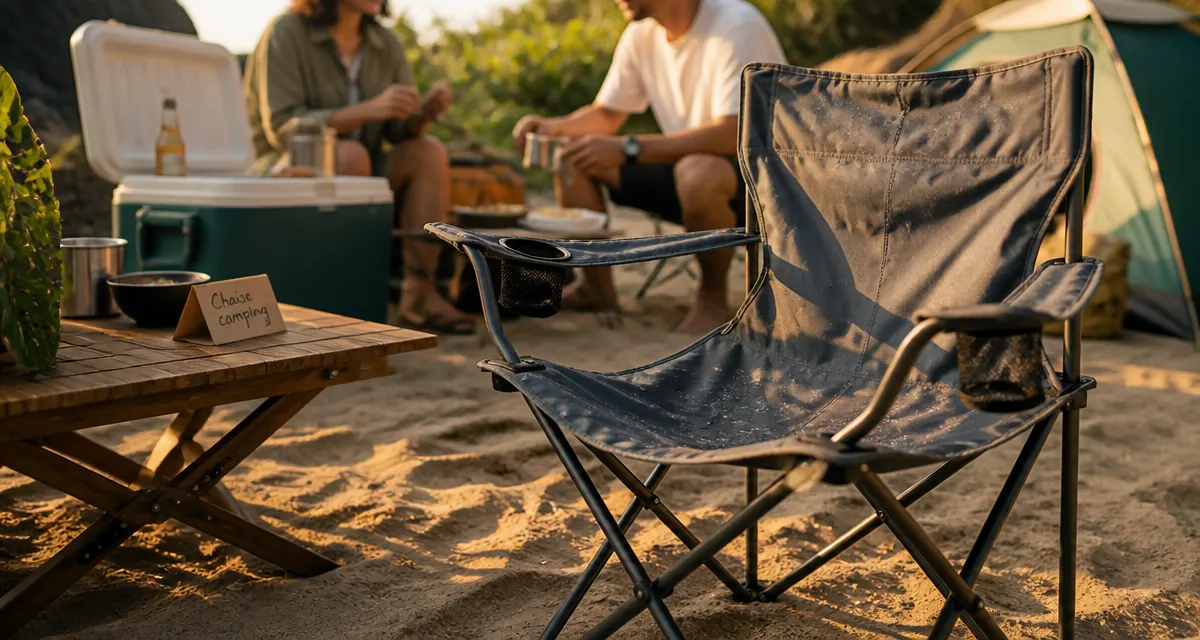 Chaise de camping Lidl pliable sur sable, tissu gris ardoise et porte-gobelet