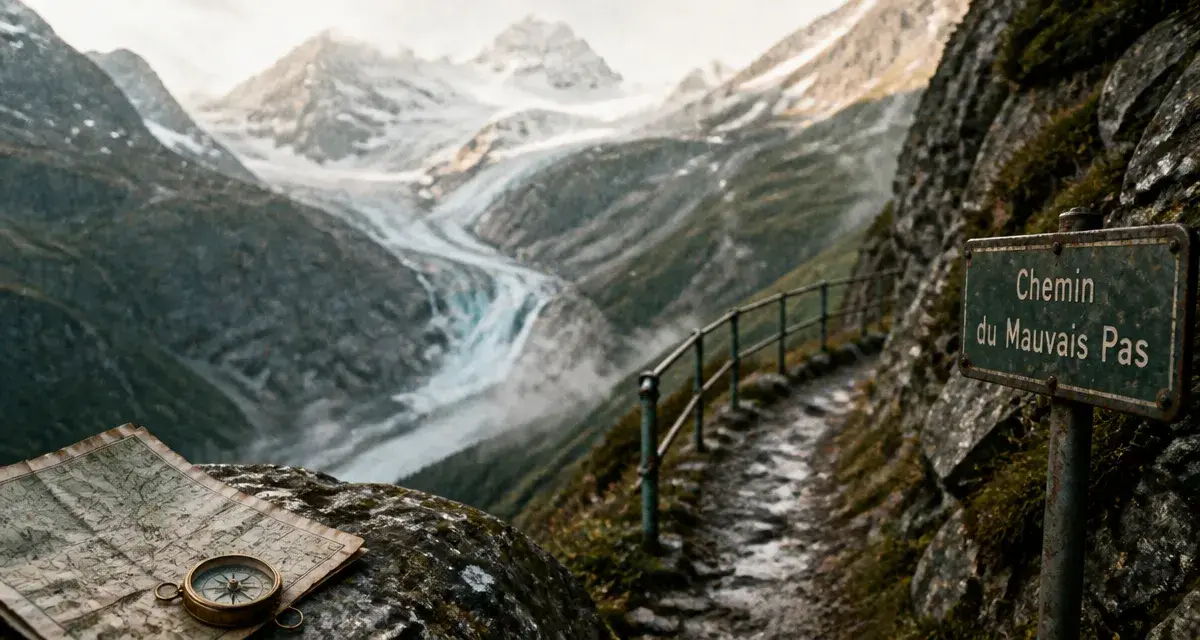 Chemin du mauvais pas sur un sentier alpin historique, brume et Mer de Glace