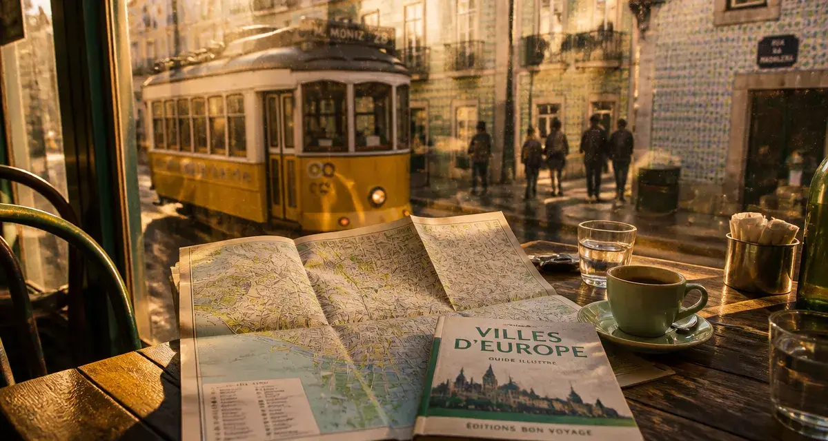 City-trip ville europe : carte de voyage, tramway et façades d’Europe