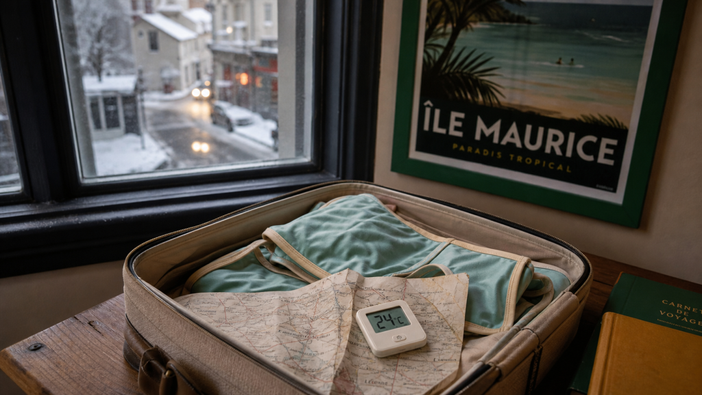 Destination soleil pas cher en hiver : valise avec 24°C et carte de voyage