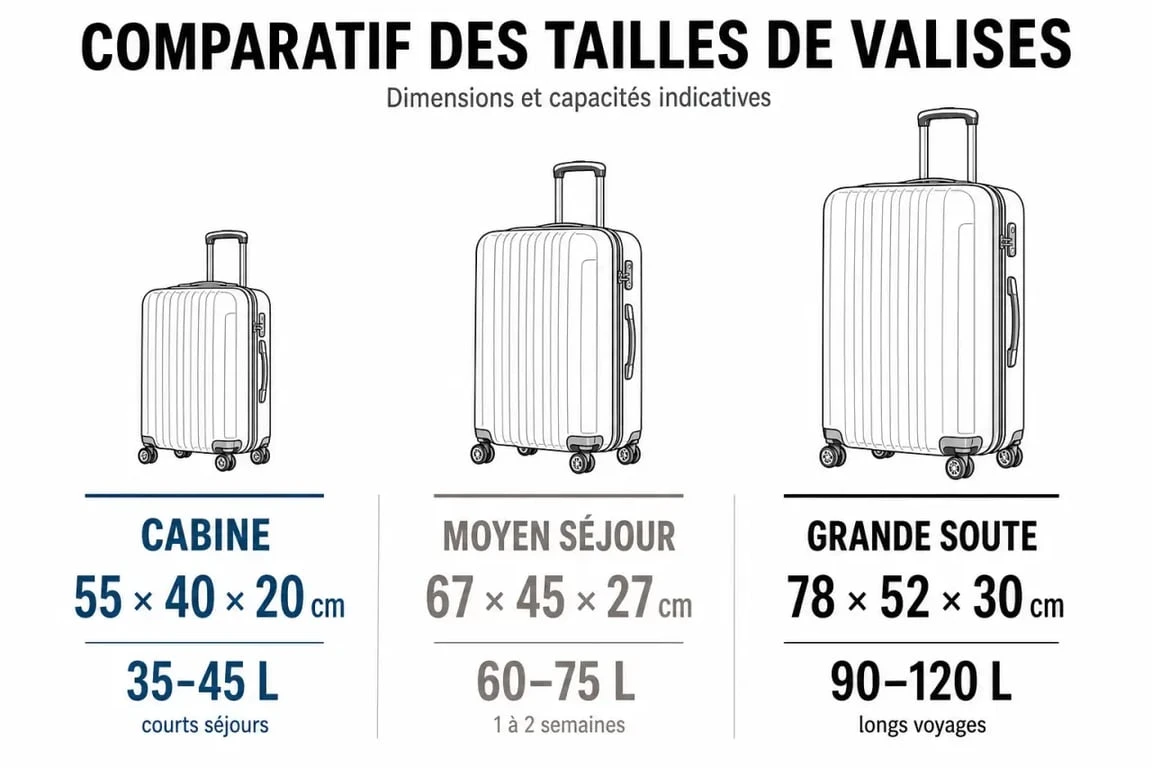 Comparatif des tailles de valises : valise cabine, valise moyen séjour et valise grande soute pour choisir le bon bagage.