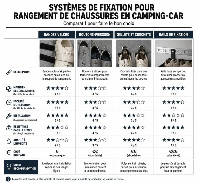 Infographie comparative des systèmes de fixation pour rangement chaussures camping-car