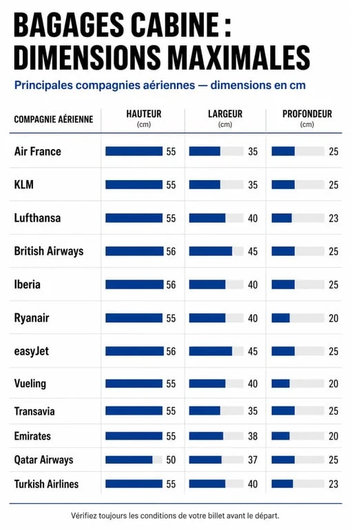 Infographie des dimensions et formats de valise cabine autorisés par les compagnies aériennes