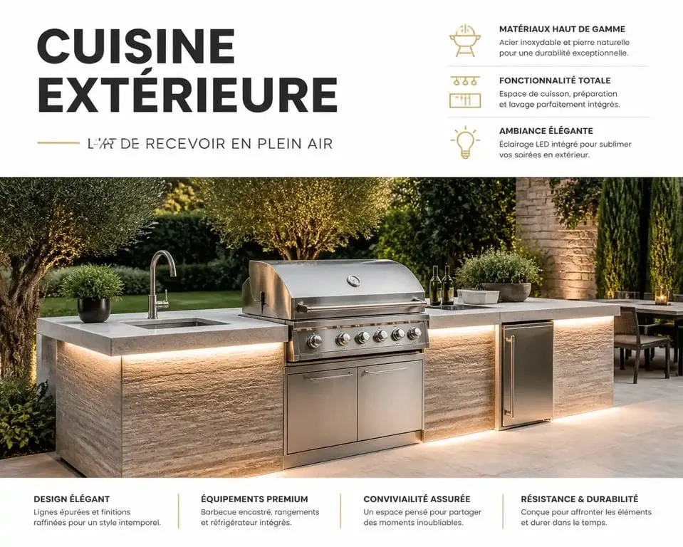 Cuisine extérieure avec barbecue encastré et plan de travail en pierre pour jardin