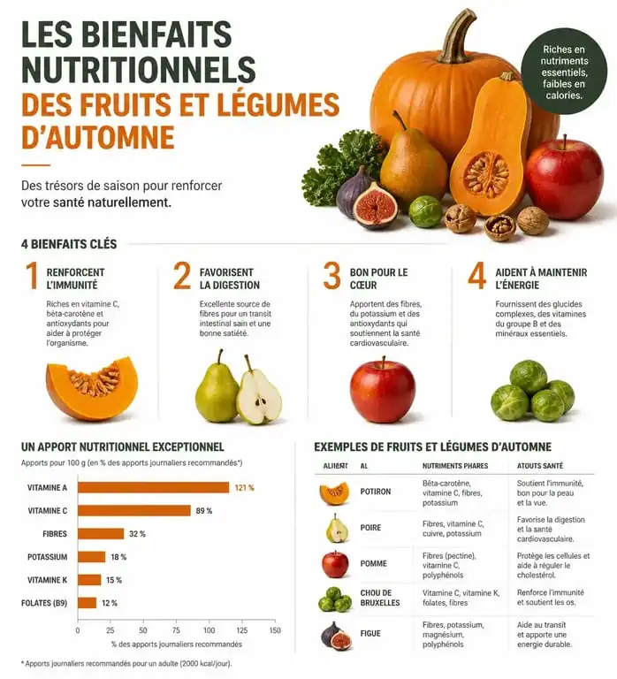 Infographie sur les bienfaits nutritionnels des fruits et légumes d'automne pour la santé