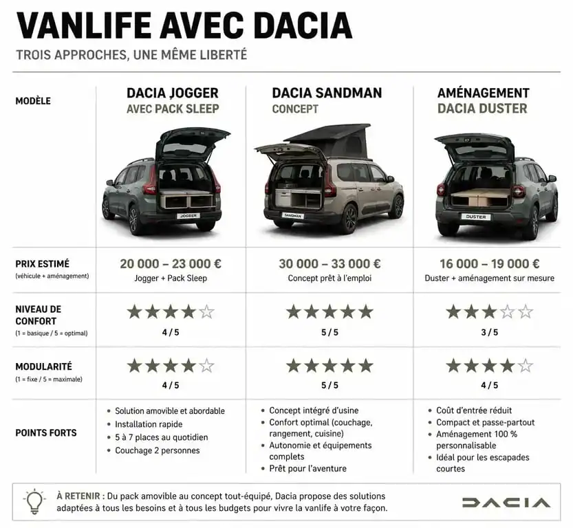 Comparatif des solutions de camping-car et van aménagé Dacia : prix et caractéristiques