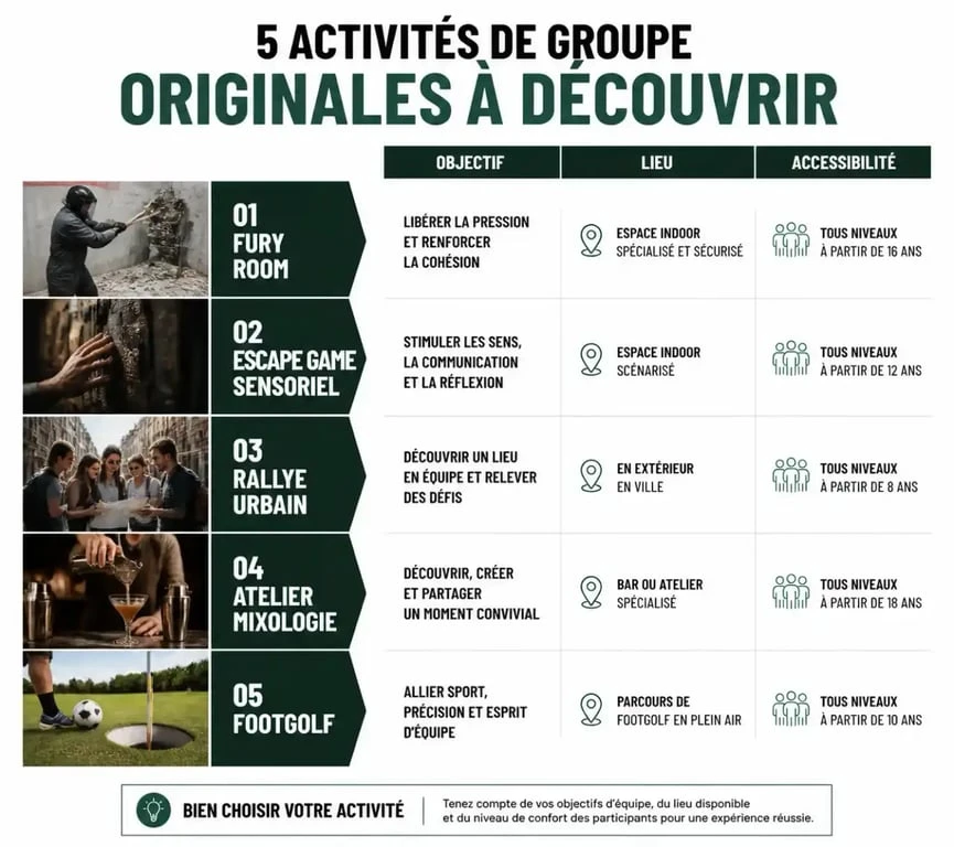 Infographie comparative des meilleures activités de groupe originales pour team building ou événements privés