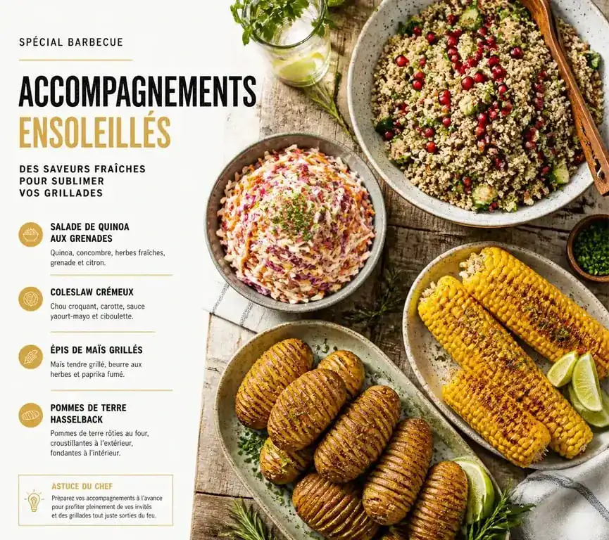 Assortiment d'accompagnements pour barbecue : salades, légumes grillés et pommes de terre pour un repas convivial