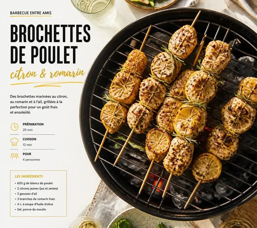 Brochettes de poulet au citron et romarin pour un barbecue entre amis réussi