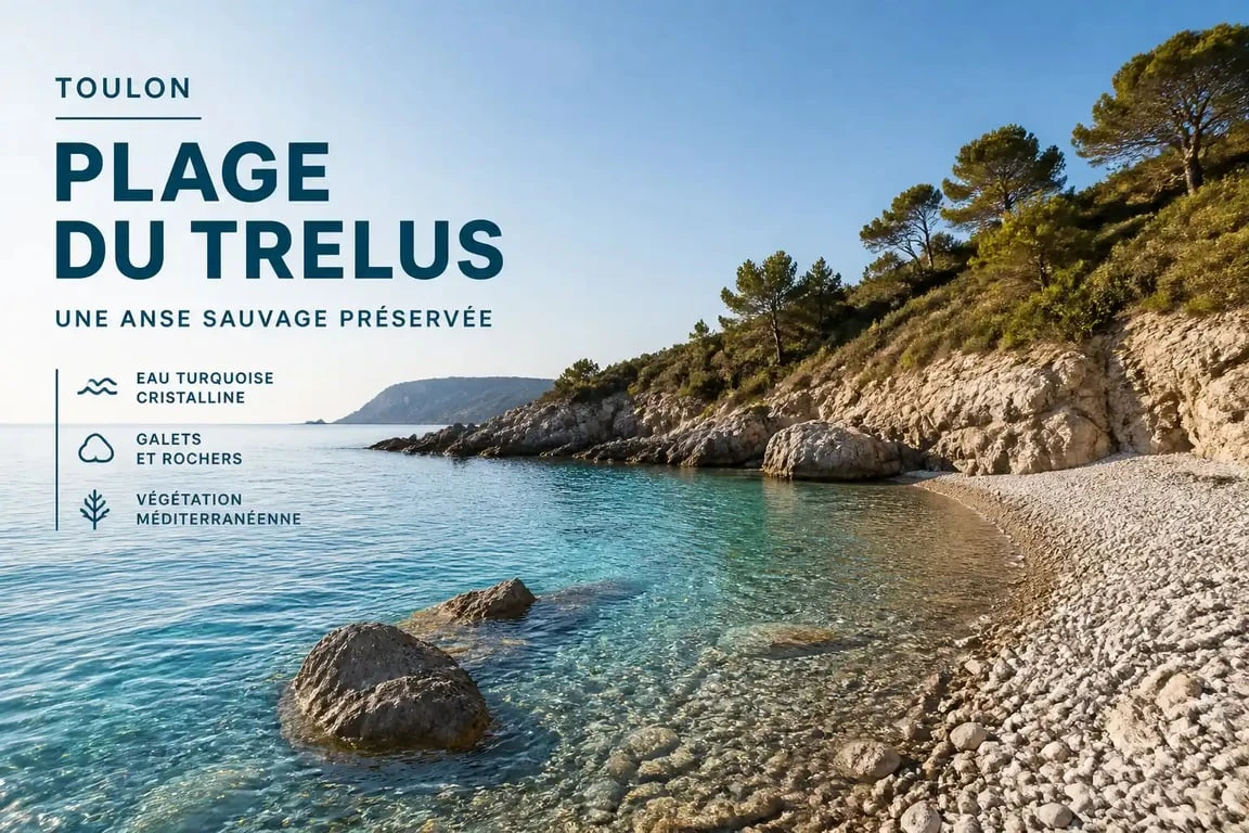 Vue panoramique de la plage du Trelus à Toulon, une crique sauvage aux eaux cristallines idéale pour le snorkeling.