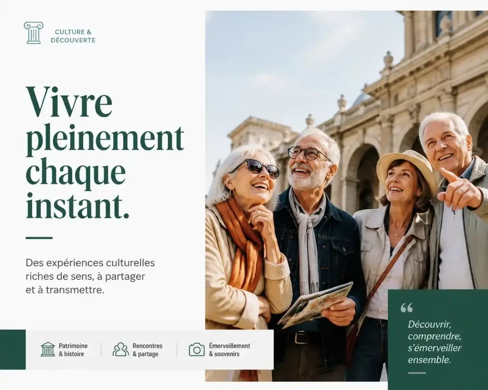 Groupe de seniors participant à un voyage organisé pour personnes seules de 60 ans et plus.