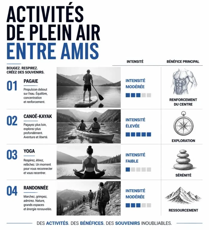 Infographie des activités à faire entre copines en extérieur : paddle, canoë, yoga et randonnée