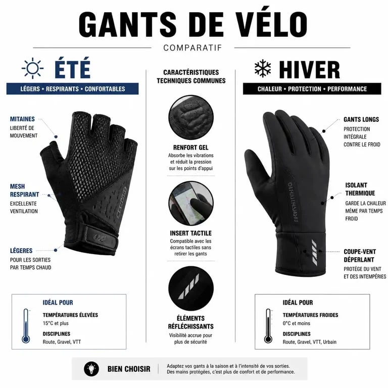 Infographie comparative des caractéristiques des gants de vélo pour l'été et l'hiver