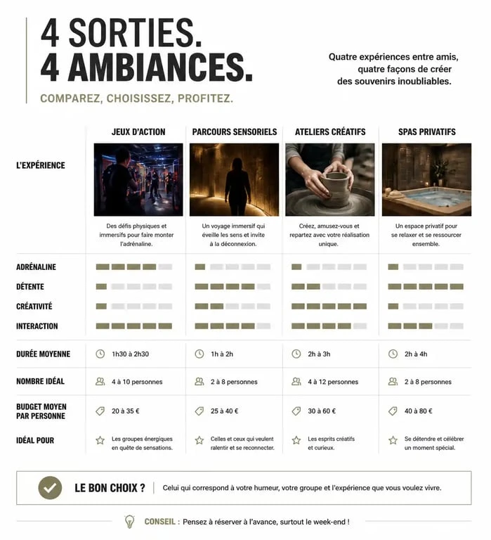 Infographie comparative des meilleures idées de sortie entre amis originale