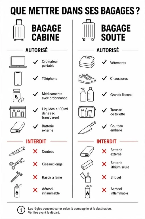 Infographie récapitulative des objets interdits et autorisés en avion pour les bagages cabine et soute