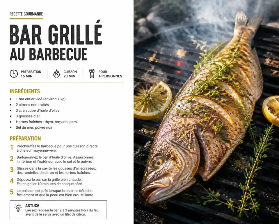 Bar entier grillé au barbecue avec herbes et citron, prêt à être dégusté