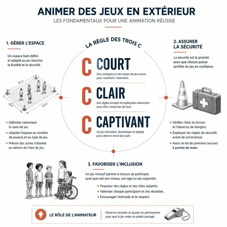Infographie sur les fondamentaux pour réussir l'animation de jeux en extérieur avec des enfants