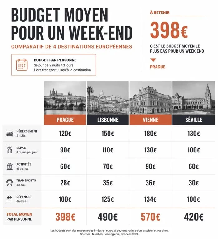 Comparatif des budgets moyens pour un week-end dans les villes d'Europe : Prague, Lisbonne, Vienne et Séville