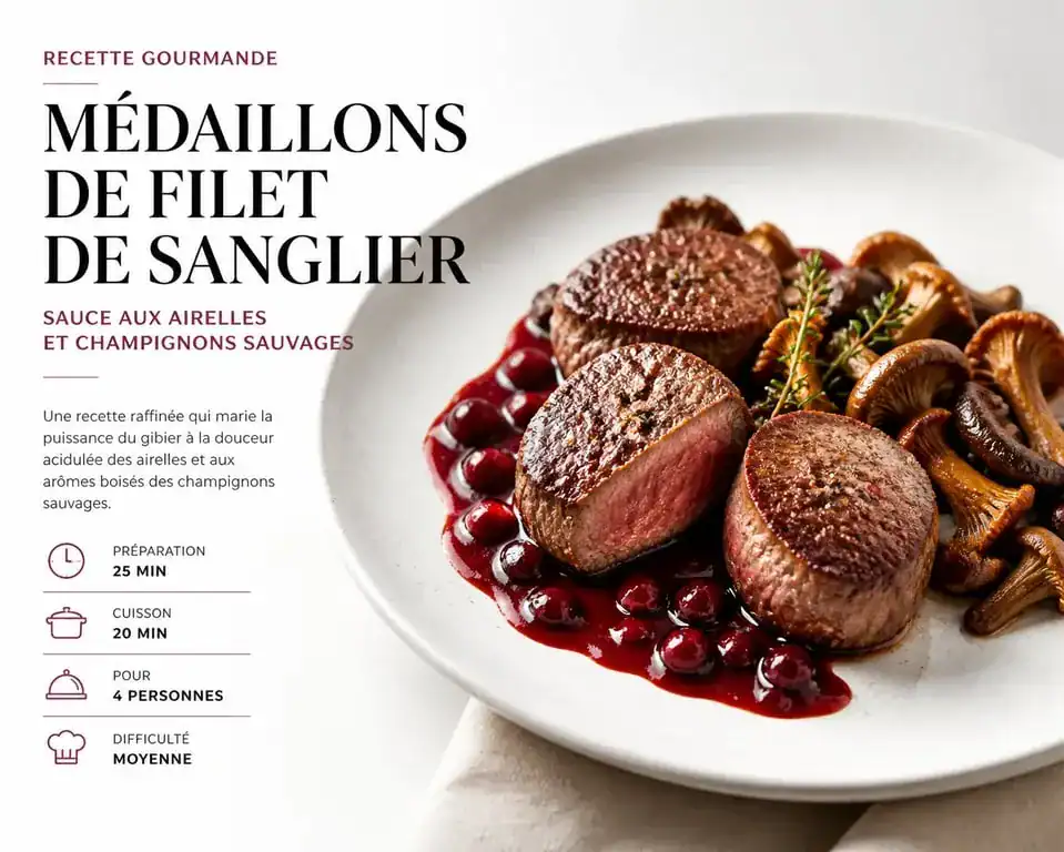 Filet de sanglier à la poêle avec sauce aux airelles et champignons, recette de gibier gastronomique