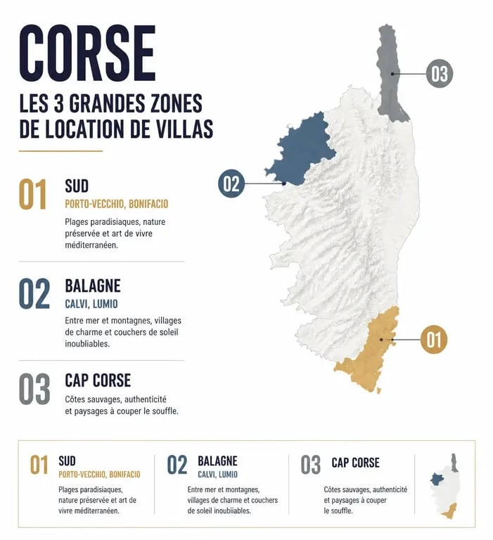 Infographie des zones de location de villas en Corse : Sud, Balagne et Cap Corse pour bien choisir son séjour.