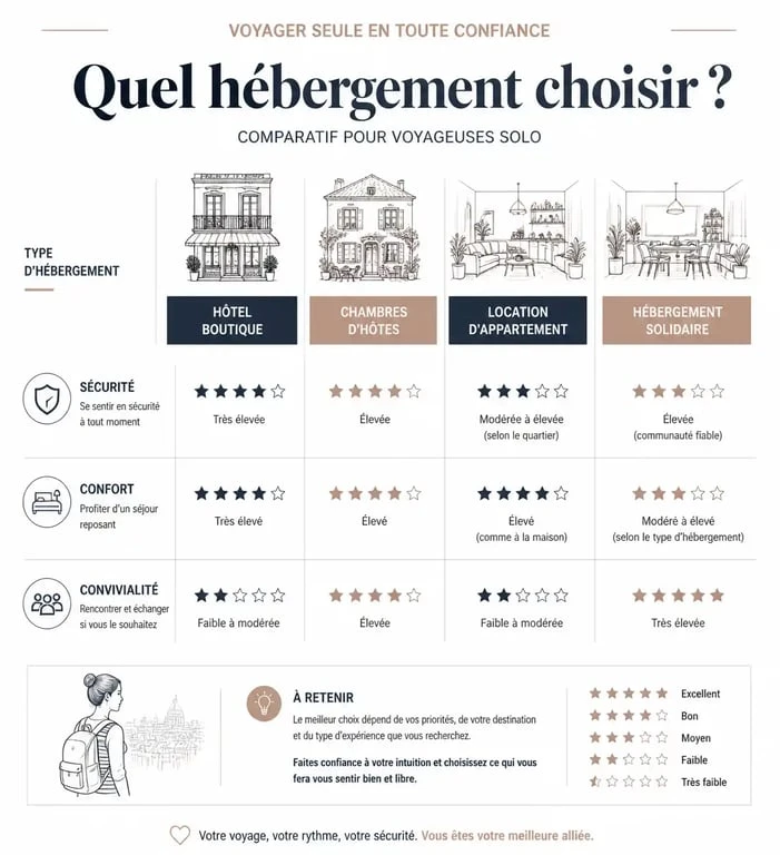 Infographie comparative des types d'hébergement pour femme voyageant seule à 50 ans