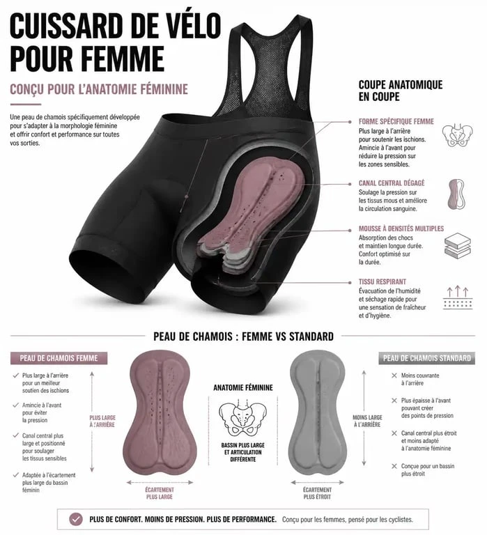 Schéma technique comparatif de la peau de chamois d'un cuissard vélo pour femme versus modèle standard