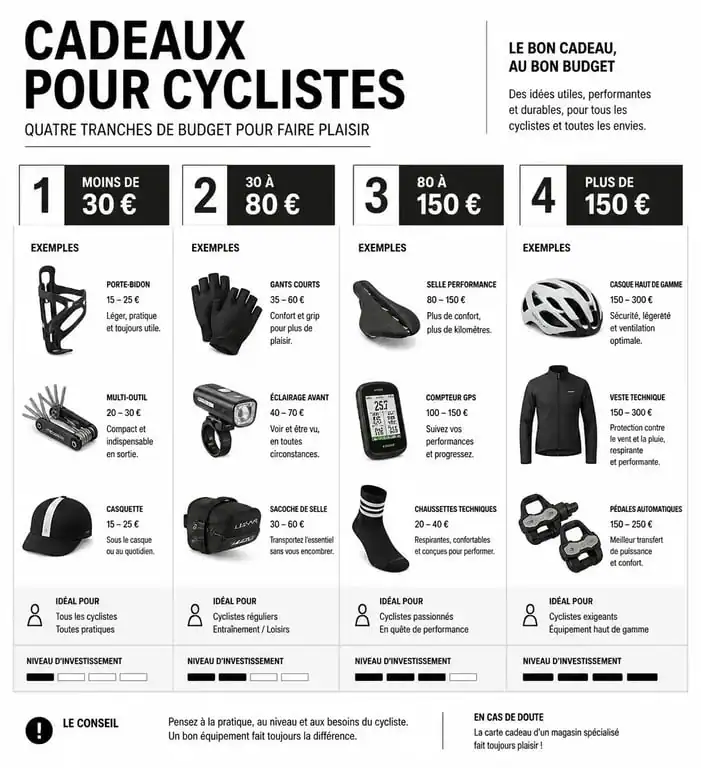 Infographie des idées de cadeau pour cycliste classées par budget