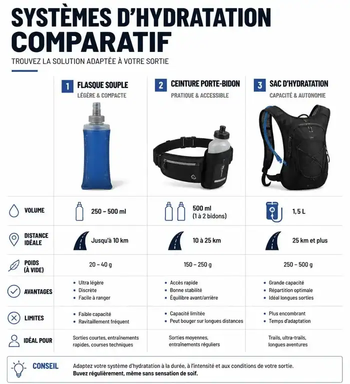 Infographie comparative des systèmes d'hydratation et gourde pour course à pied selon la distance