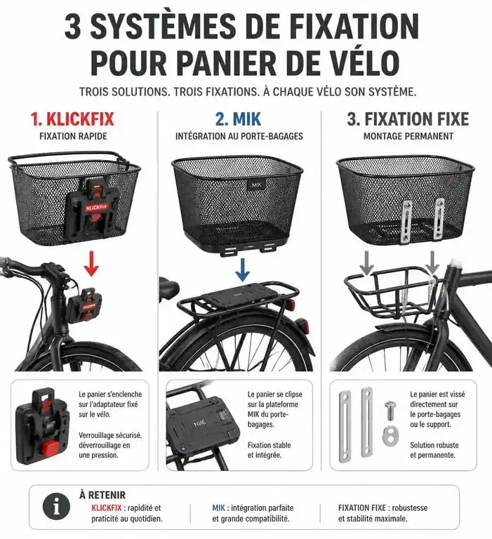 Infographie comparative des systèmes de fixation pour panier vélo : Klickfix, MIK et fixation fixe.