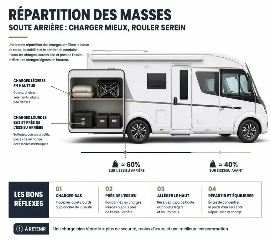 Schéma de répartition des masses dans la soute d'un camping-car pour une idée rangement soute camping-car optimisée