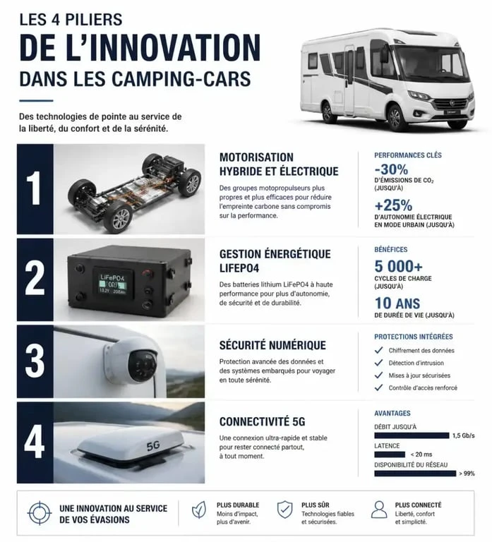 Infographie des innovations technologiques pour camping-car : motorisation, énergie, sécurité et connectivité.