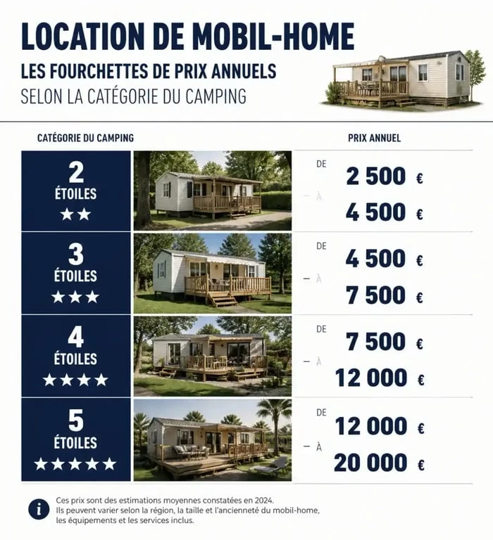 Tableau comparatif des tarifs annuels de location de mobil-home par catégorie de camping pour estimer son budget.