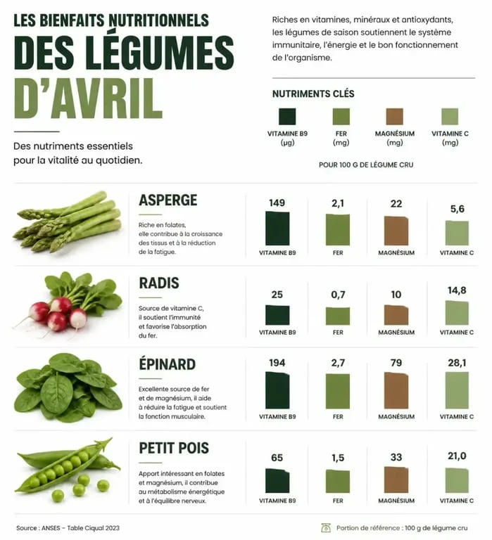 Infographie sur les bienfaits nutritionnels et vitamines des légumes d'avril comme l'asperge et le radis.