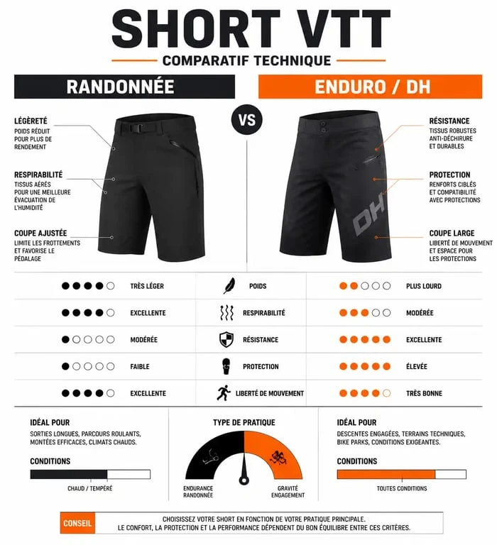 Comparatif des caractéristiques techniques d'un short VTT pour la randonnée et l'enduro
