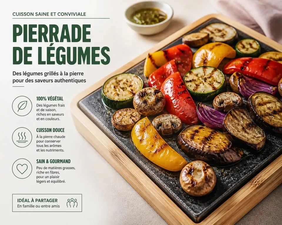 Pierrade de légumes variés et colorés cuits sur pierre chaude