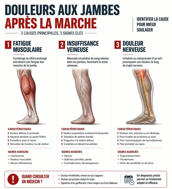 Infographie sur les causes des douleurs aux jambes après avoir beaucoup marché