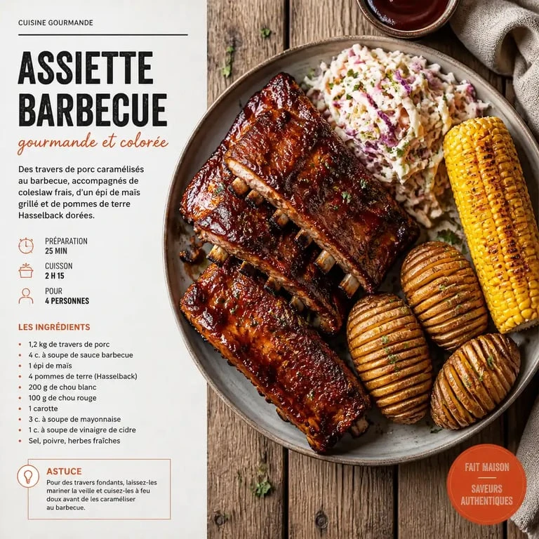 Assiette de travers de porc avec ses accompagnements pour ribs : coleslaw, maïs grillé et pommes de terre Hasselback