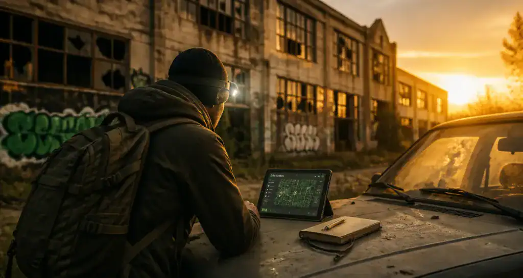 Explorateur urbex devant usine abandonnée, site urbex
