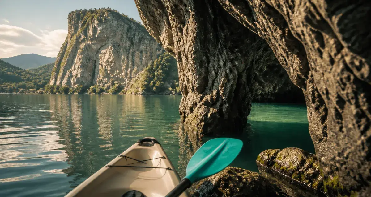 Grotte du grand pertuis, entrée rocheuse et eau verte depuis un kayak