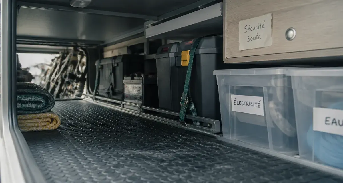 Idée rangement soute camping-car : bacs, outils et charge bien répartie