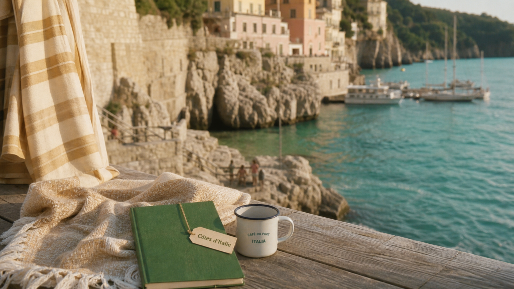 Italie ville bord de mer, serviette et tasse au bord du port, dolce vita