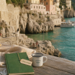 Italie ville bord de mer, serviette et tasse au bord du port, dolce vita