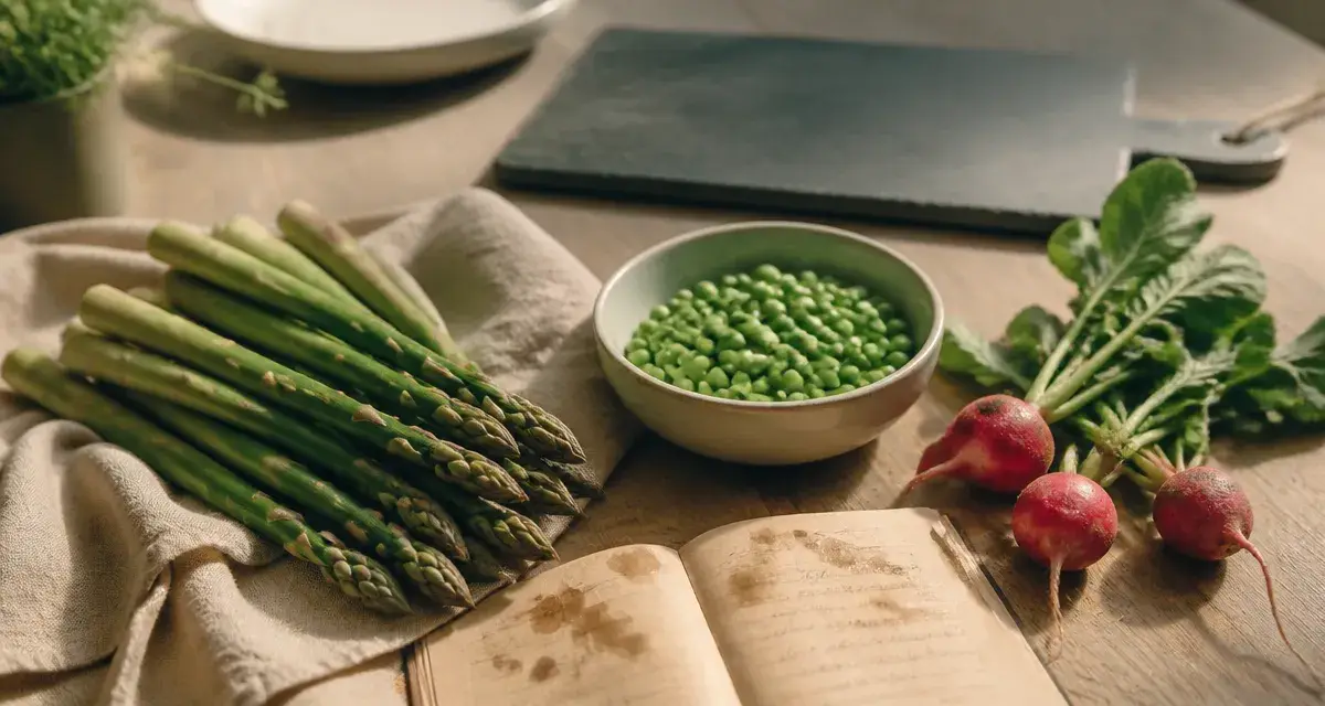 Legume avril : asperges, petits pois et radis primeurs